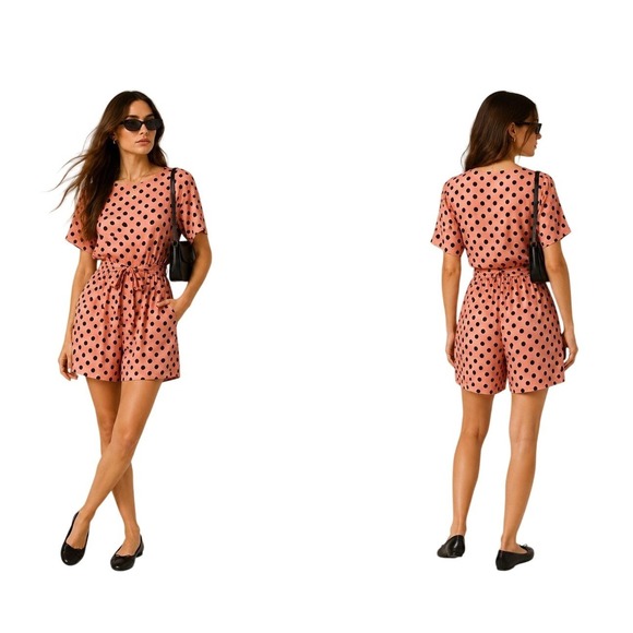 Wooga Other - Polka Dot Wooga Shorts and Top Set w/ Sleeve Belted Pockets 90s S Peach Vintage